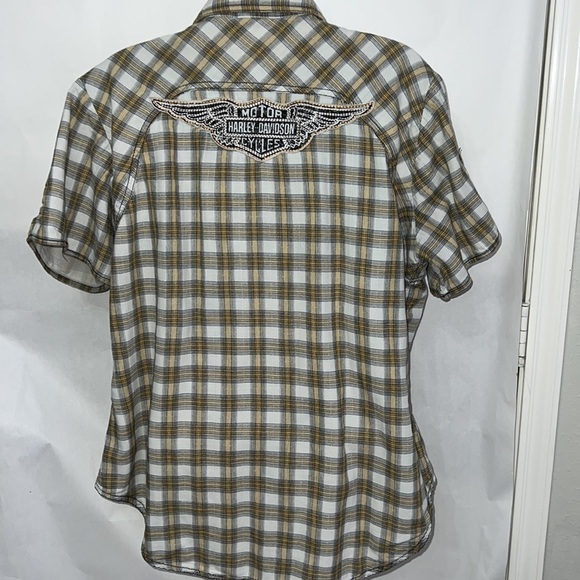 Harley Davidson Logo Womens Plaid Pearl Snap Short Sleeve Shirt Size Medium - Picture 4 of 6